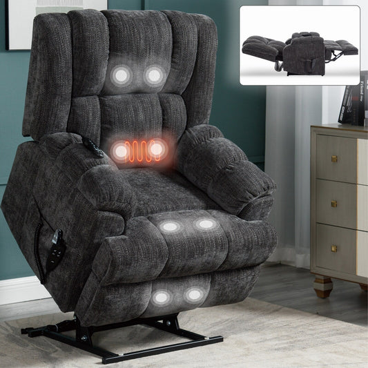 Dual Motor Power Lift Chenille Recliner with Massage and Heat, Dark gray