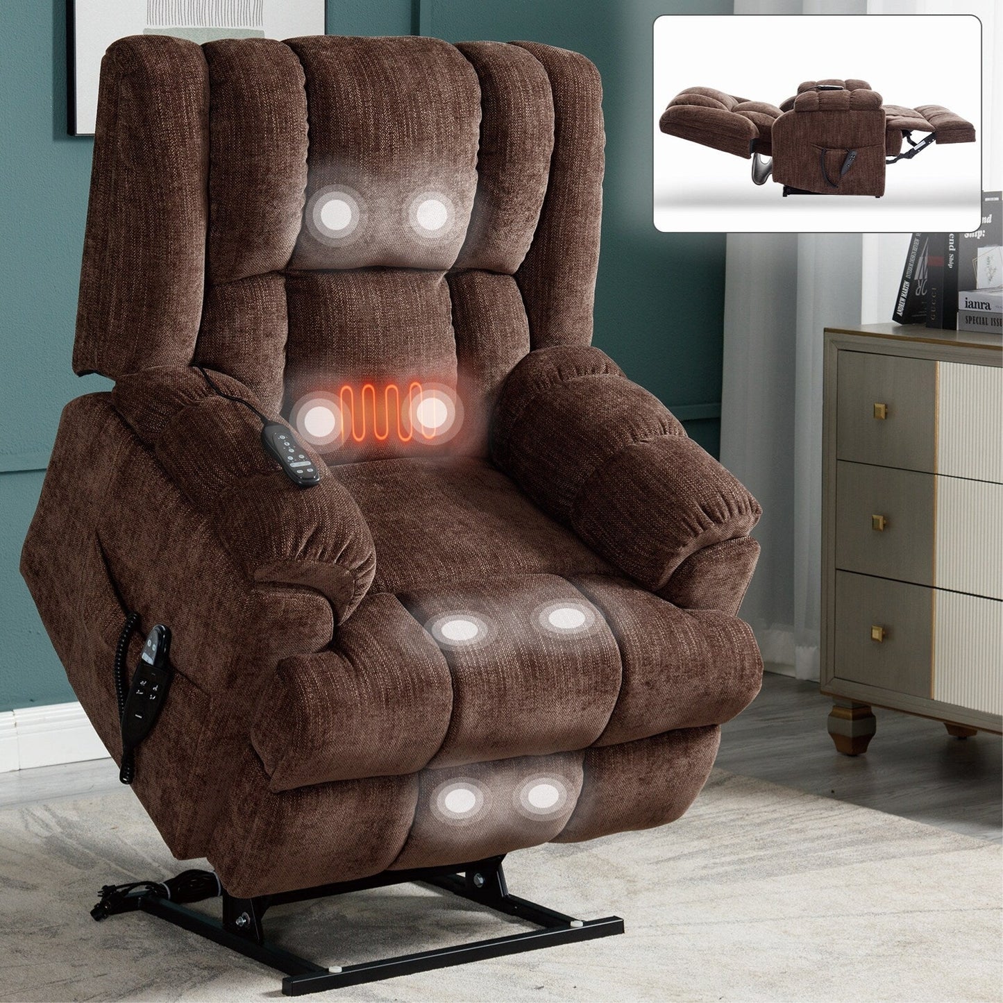 Dual Motor Power Lift Chenille Recliner with Massage and Heat, Lazy Boy Living Room Recliner w/Power-Remote, Infinite Position