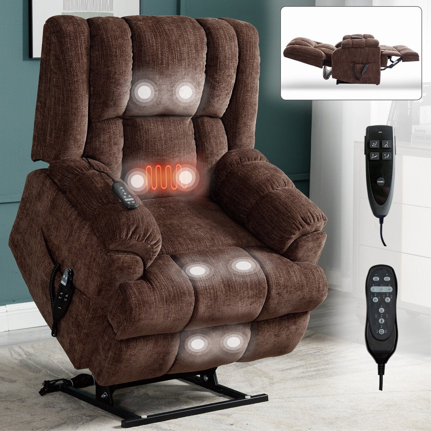 Dual Motor Power Lift Chenille Recliner with Massage and Heat, Lazy Boy Living Room Recliner w/Power-Remote, Infinite Position