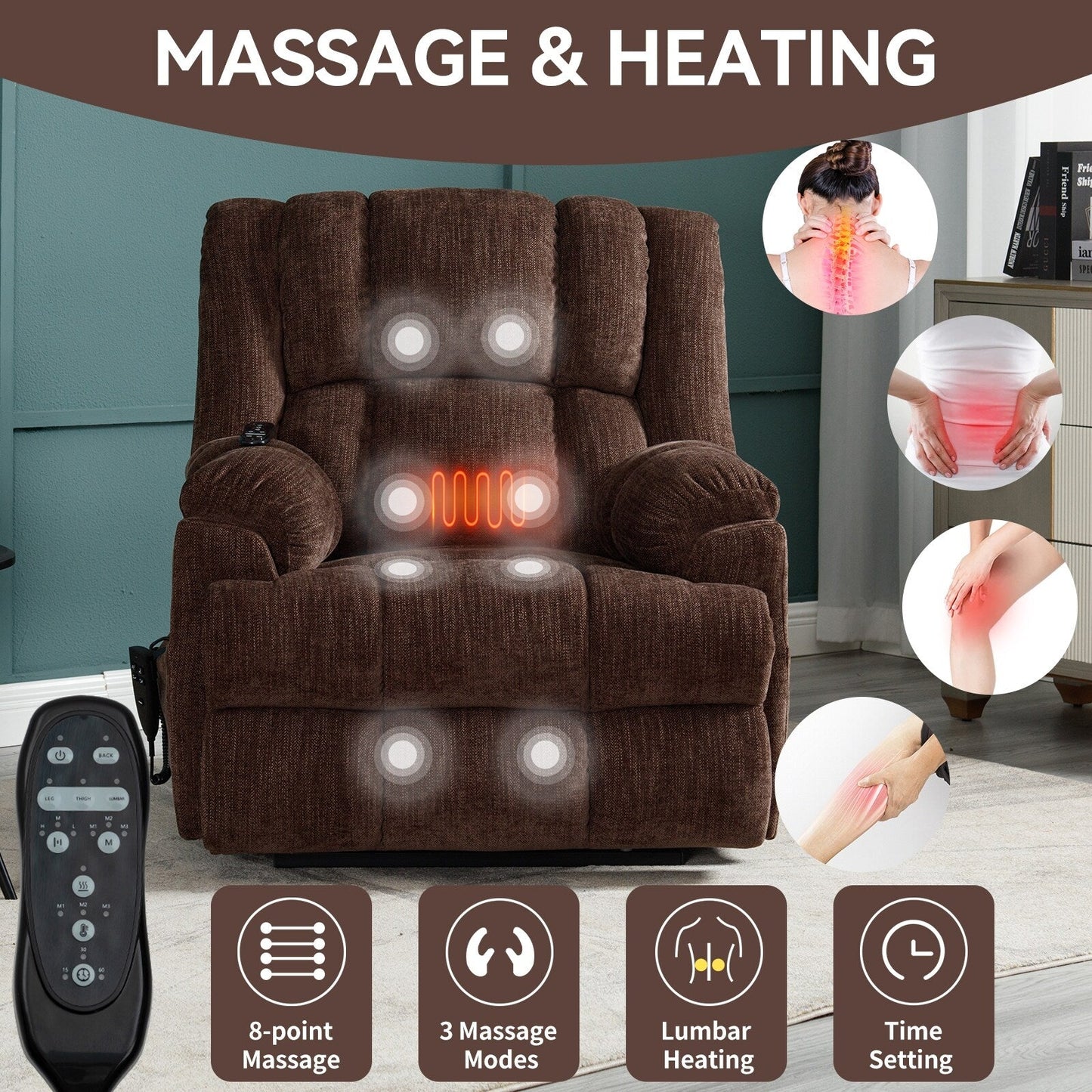 Dual Motor Power Lift Chenille Recliner with Massage and Heat, Lazy Boy Living Room Recliner w/Power-Remote, Infinite Position
