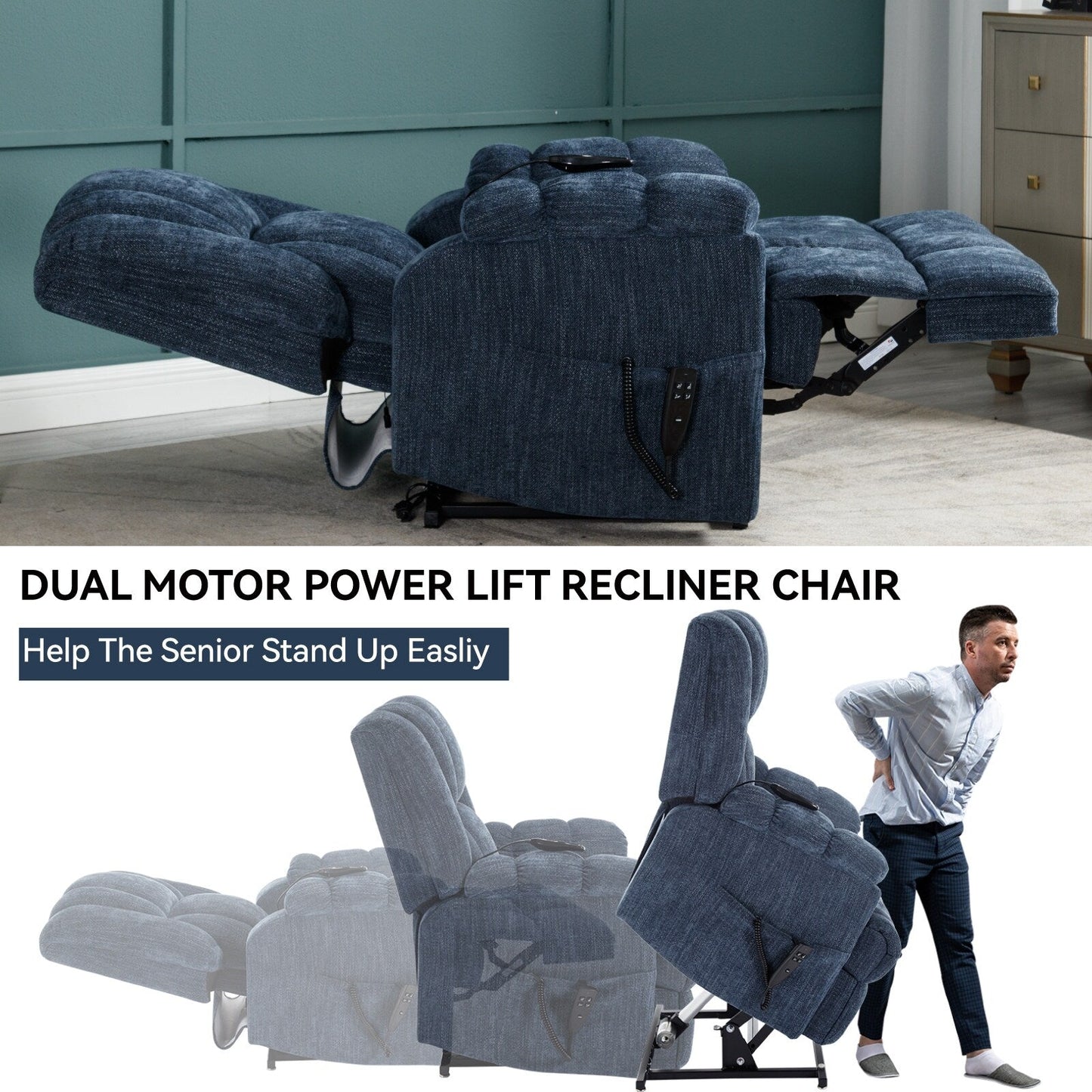 Dual Motor Power Lift Chenille Recliner with Massage and Heat, Lazy Boy Living Room Recliner w/Power-Remote, Infinite Position