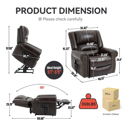 Dual Motor Power Lift Genuine Leather Recliner Chair with Heat Massage and USB Ports