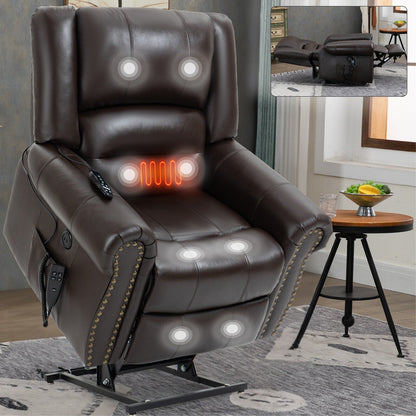 Dual Motor Power Lift Genuine Leather Recliner Chair with Heat Massage and USB Ports