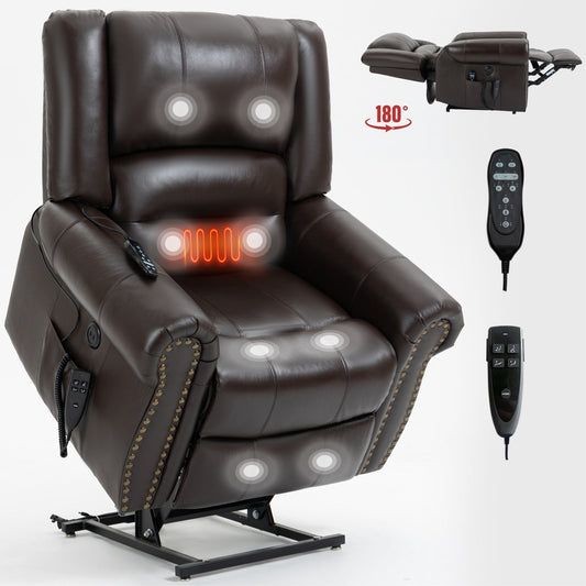 Dual Motor Power Lift Genuine Leather Recliner Chair with Heat Massage and USB Ports