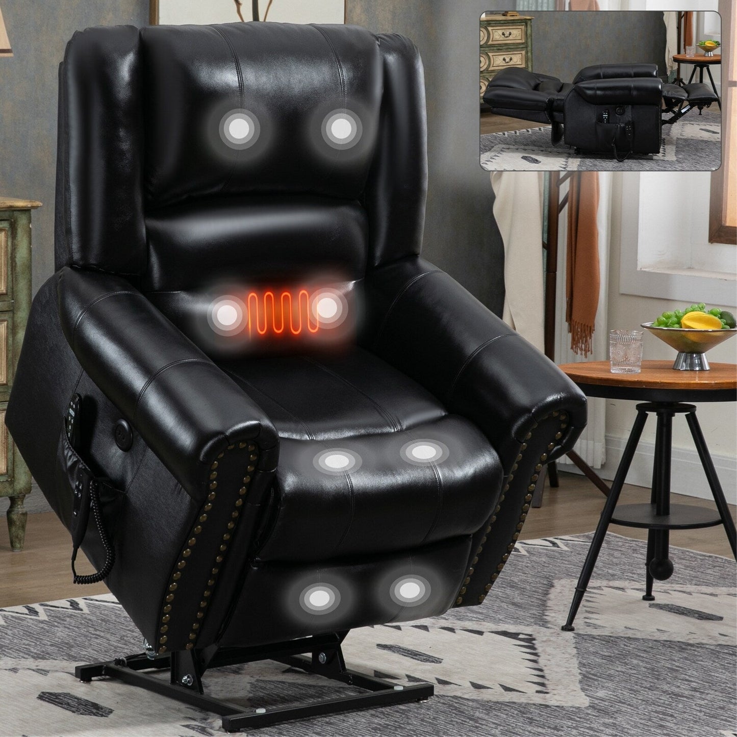 Dual Motor Power Lift Genuine Leather Recliner Chair with Heat Massage and USB Ports