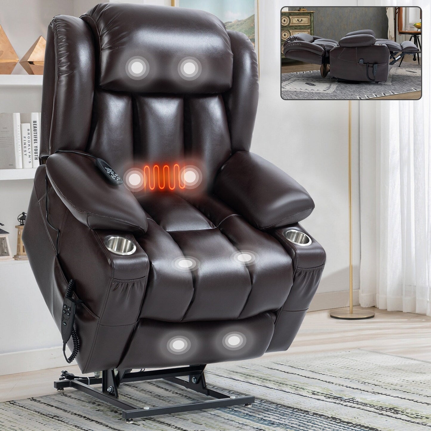 Dual Motor Power Lift Recliner Chair for Adults, Lay Flat Faux Leather Recliners w/Massage Heat, Cup Holders, Infinite Position