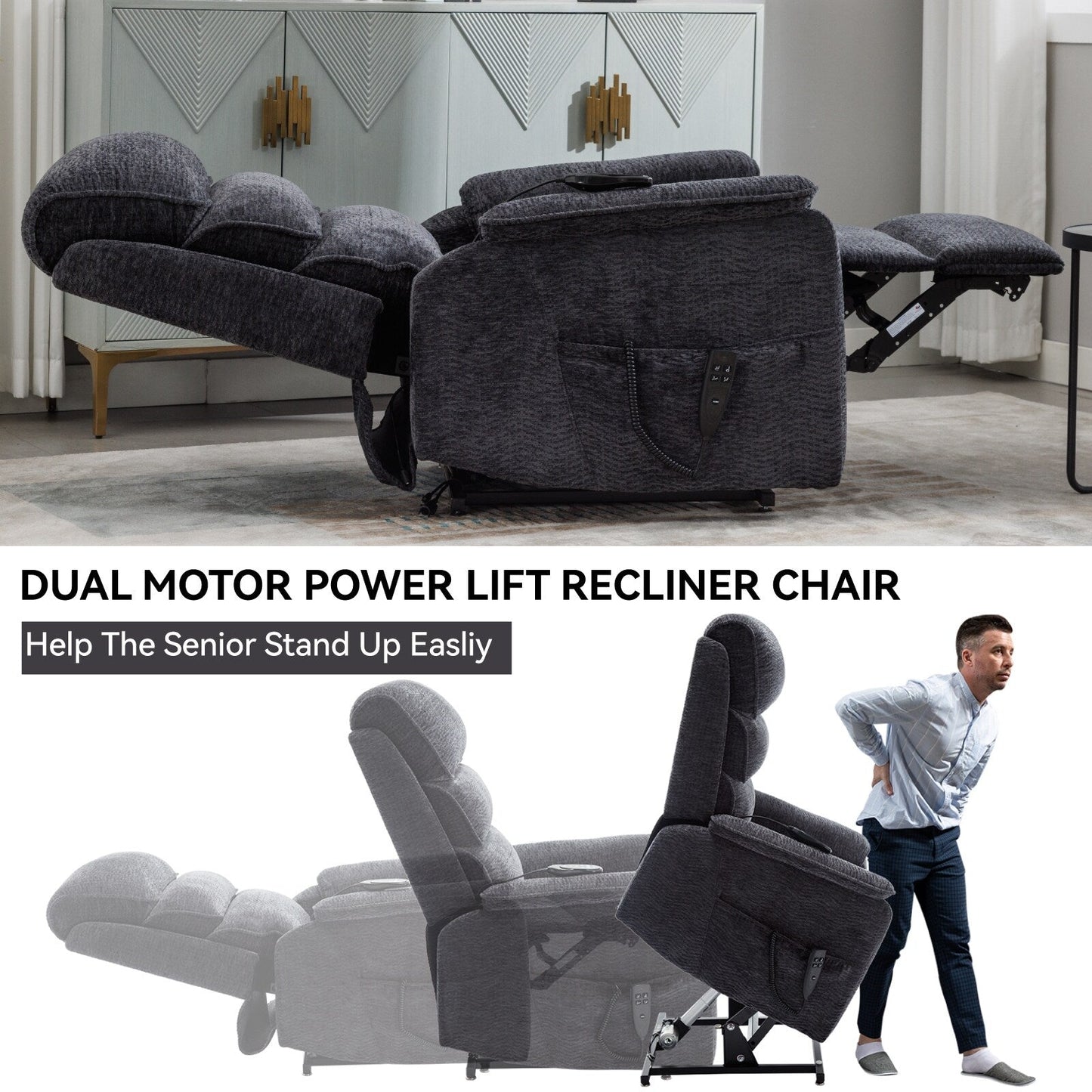 Dual Motor Power Lift Recliner Chair with Massage and Lumbar Heat - Chenille Fabric, Electric Recline