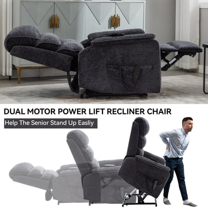 Dual Motor Power Lift Recliner Chair with Massage and Lumbar Heat - Chenille Fabric, Electric Recline
