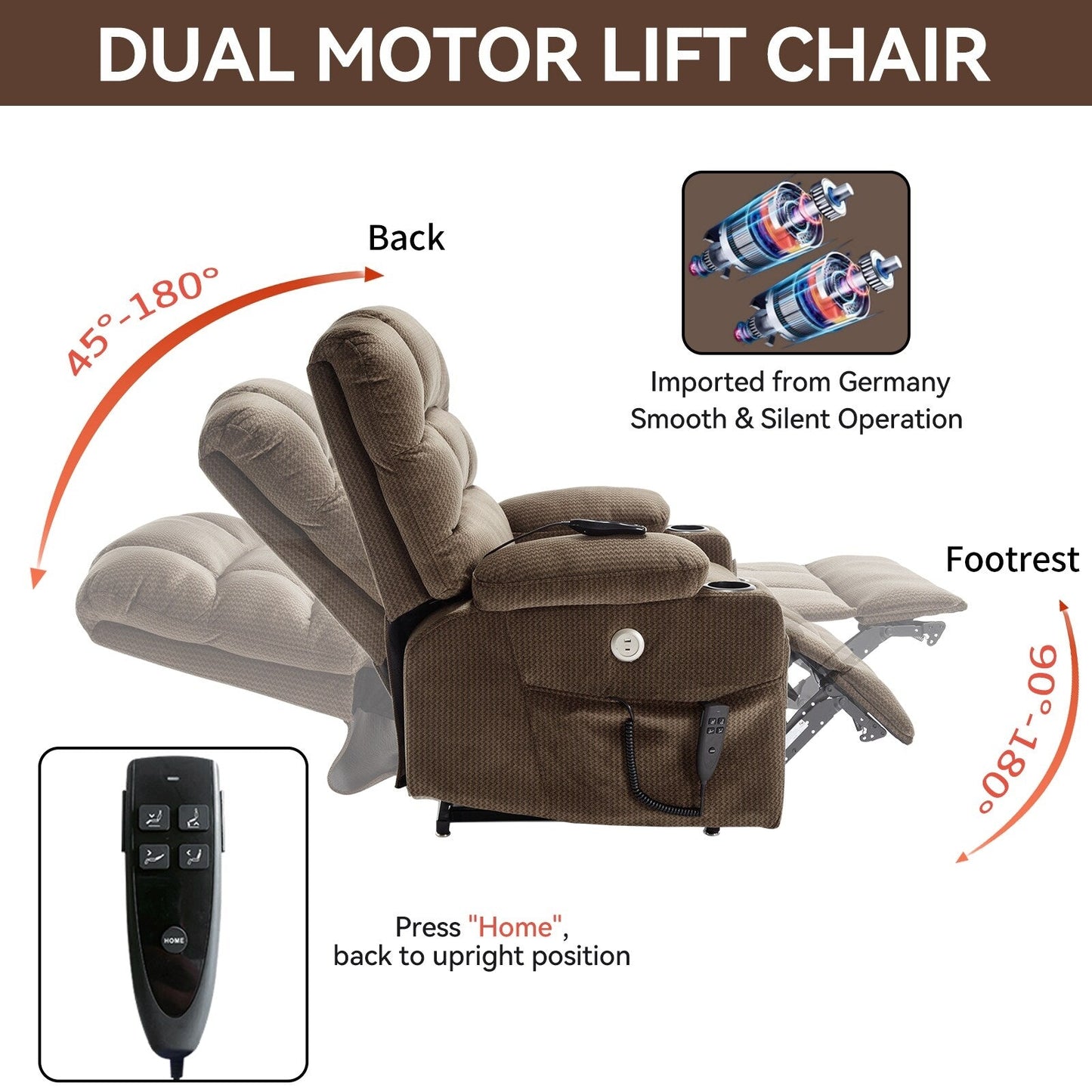 Dual Motor Power Lift Recliner Chair with Massage, Lumbar Heating, 8-Point Vibration, and Dual Cup Holders