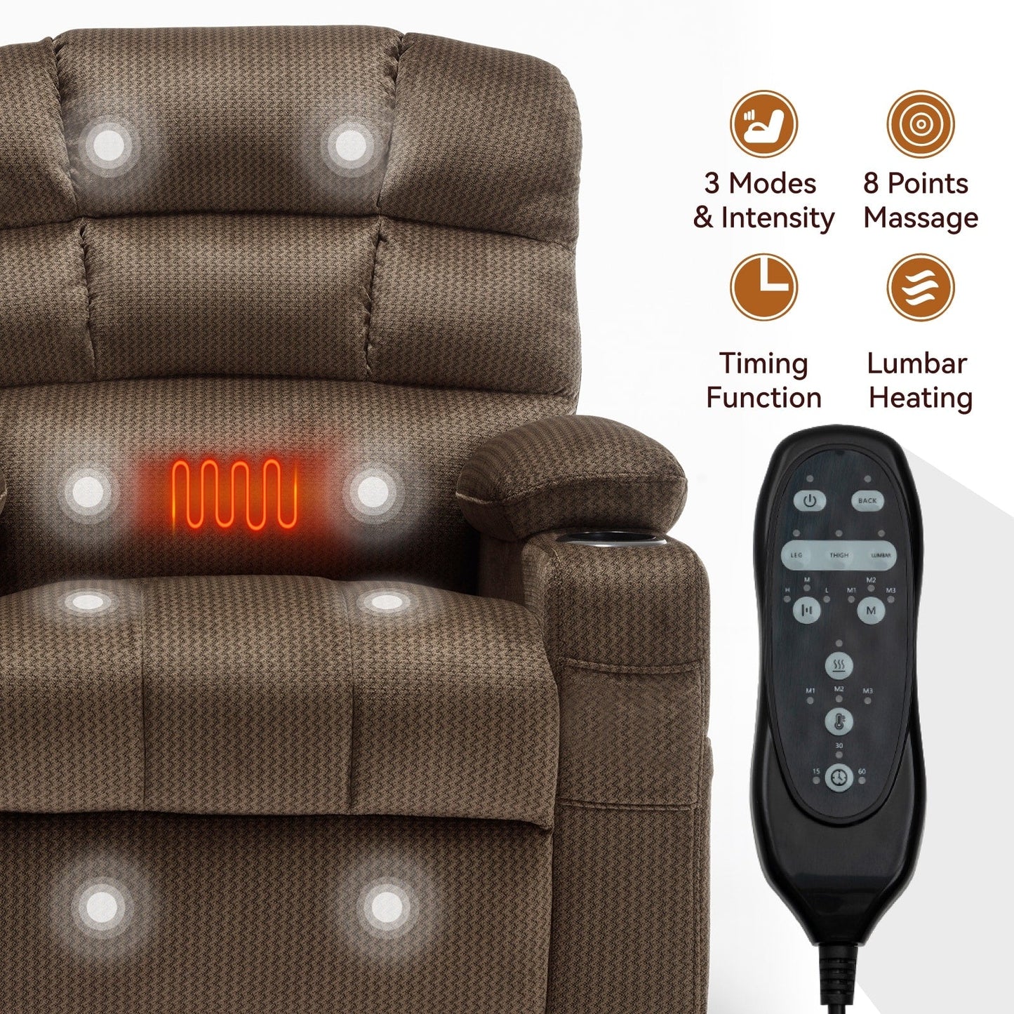 Dual Motor Power Lift Recliner Chair with Massage, Lumbar Heating, 8-Point Vibration, and Dual Cup Holders