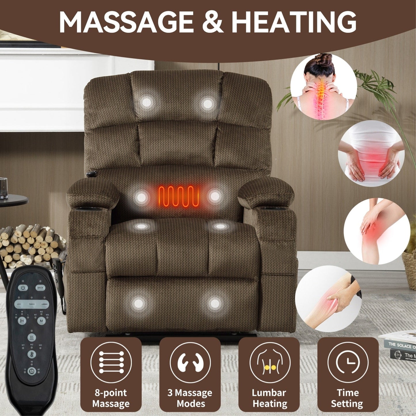 Dual Motor Power Lift Recliner Chair with Massage, Lumbar Heating, 8-Point Vibration, and Dual Cup Holders