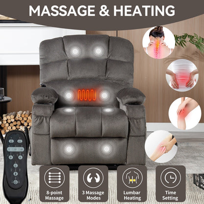 Dual Motor Power Lift Recliner Chair with Massage, Lumbar Heating, 8-Point Vibration, and Dual Cup Holders