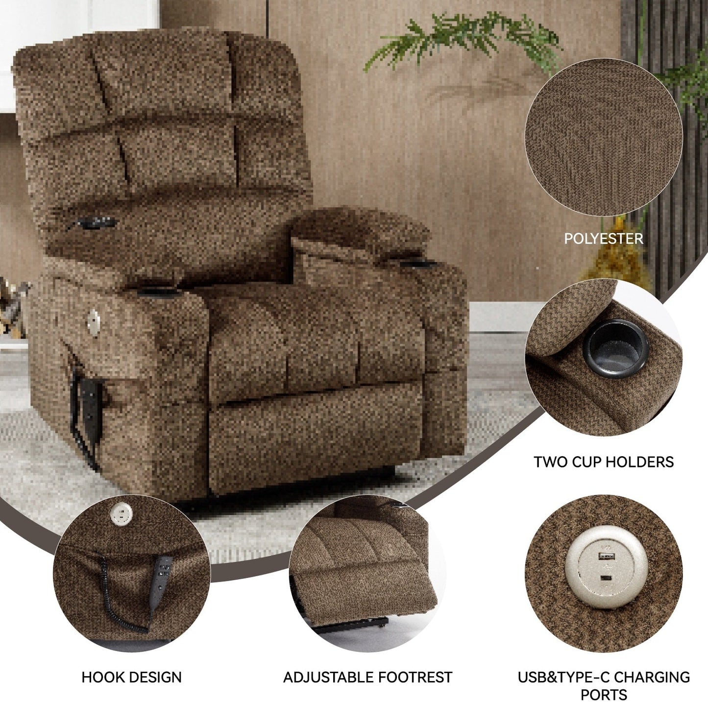Dual Motor Power Lift Recliner Chair with Massage, Lumbar Heating, 8-Point Vibration, and Dual Cup Holders