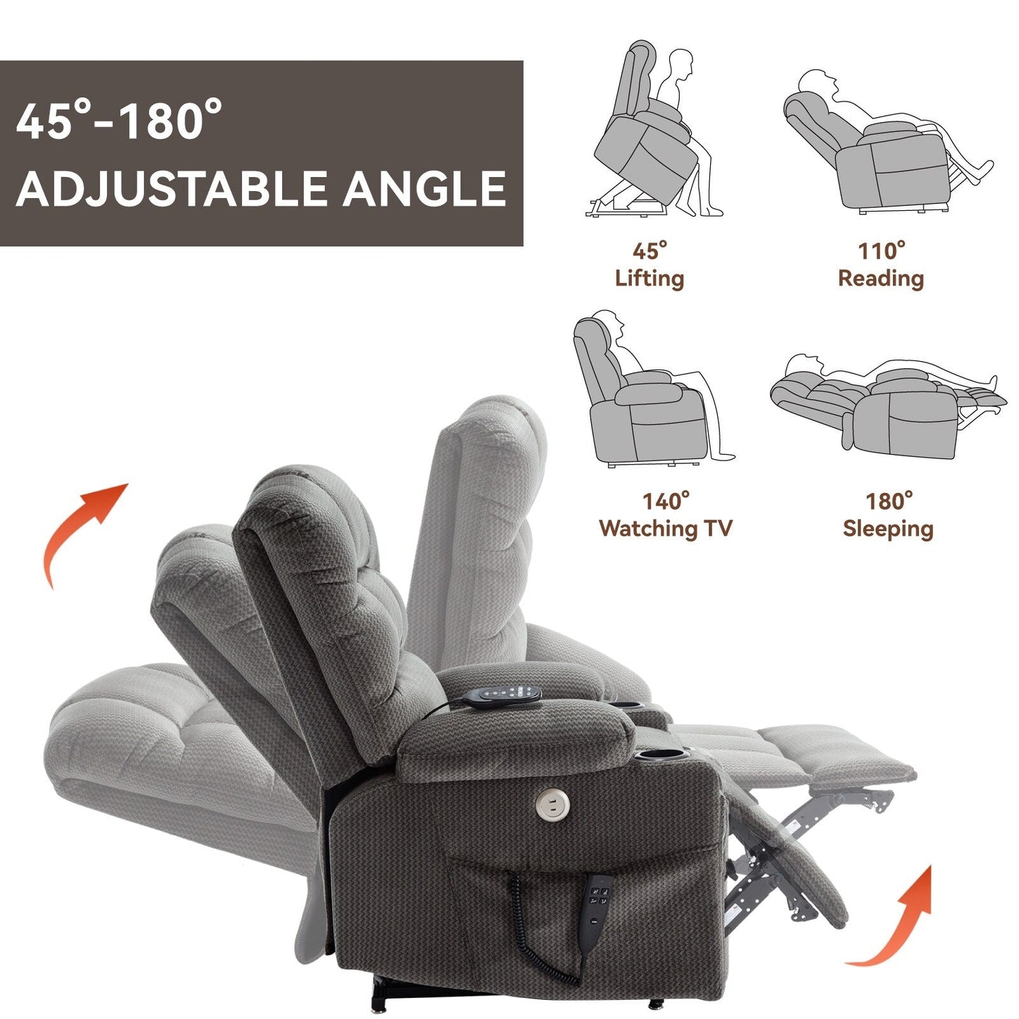 Dual Motor Power Lift Recliner Chair with Massage, Lumbar Heating, 8-Point Vibration, and Dual Cup Holders