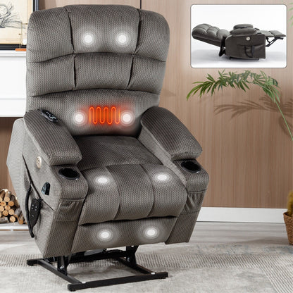 Dual Motor Power Lift Recliner Chair with Massage, Lumbar Heating, 8-Point Vibration, and Dual Cup Holders