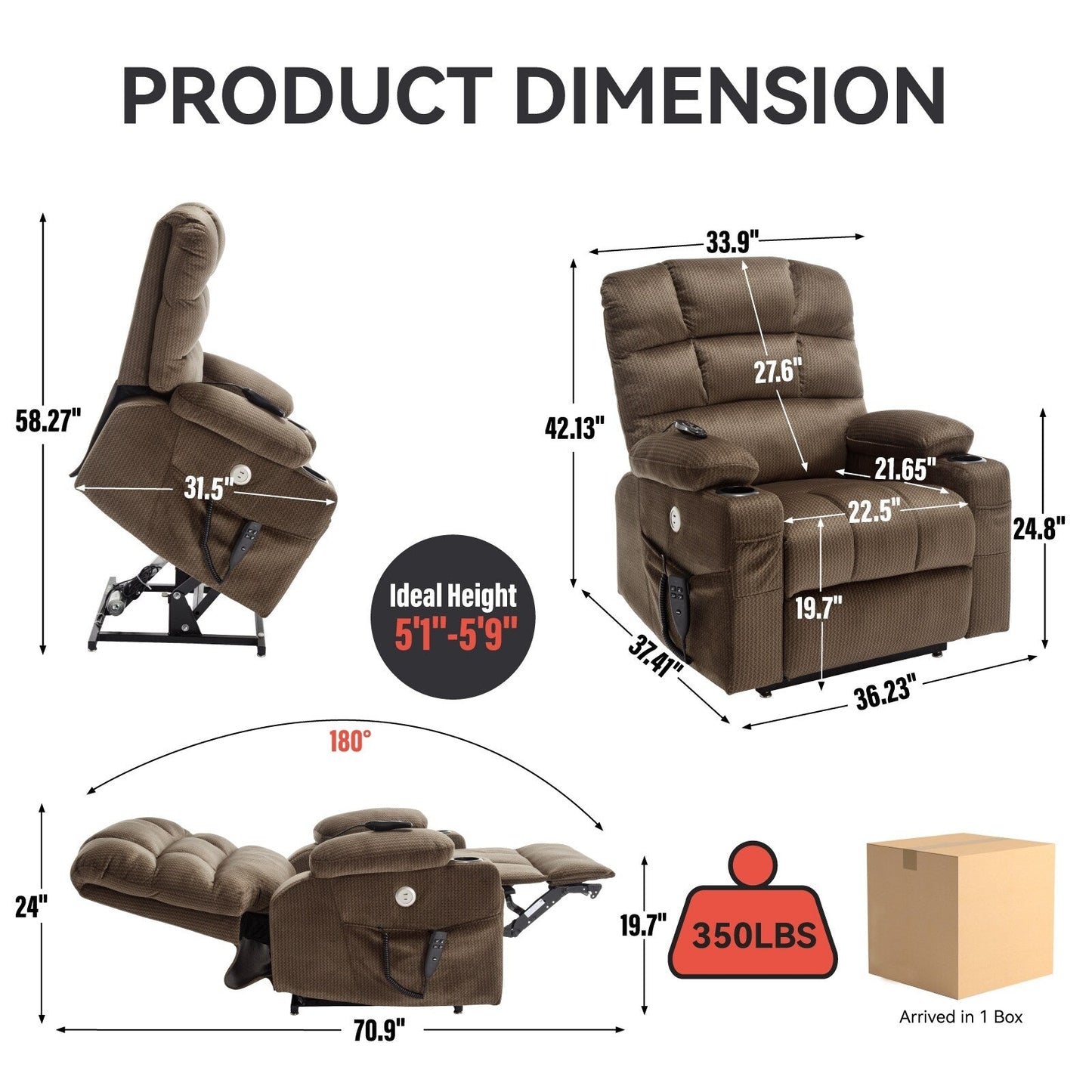 Dual Motor Power Lift Recliner Chair with Massage, Lumbar Heating, 8-Point Vibration, and Dual Cup Holders