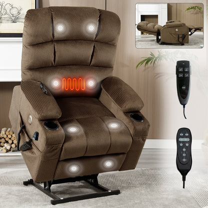 Dual Motor Power Lift Recliner Chair with Massage, Lumbar Heating, 8-Point Vibration, and Dual Cup Holders