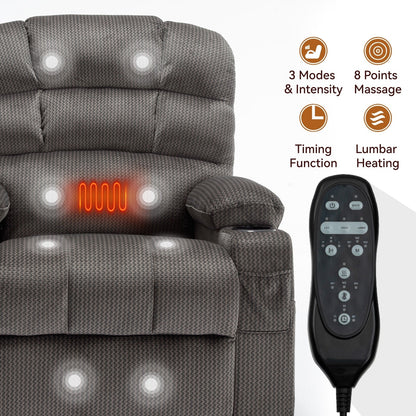 Dual Motor Power Lift Recliner Chair with Massage, Lumbar Heating, 8-Point Vibration, and Dual Cup Holders