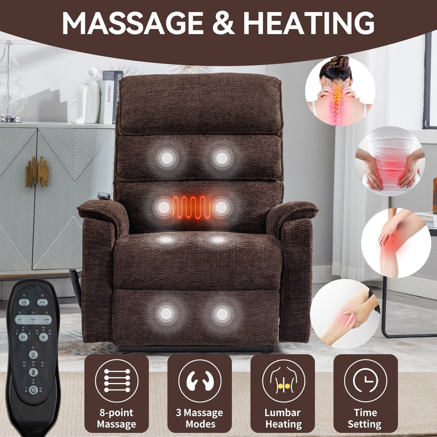 Dual Motor Power Lift Recliner Chair, with Heat & Massage, 350lbs Capacity, Infinite Position, Power-Remote, Side Pockets