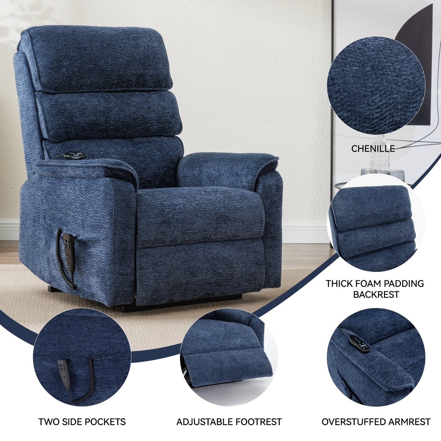 Dual Motor Power Lift Recliner Chair, with Heat & Massage, 350lbs Capacity, Infinite Position, Power-Remote, Side Pockets