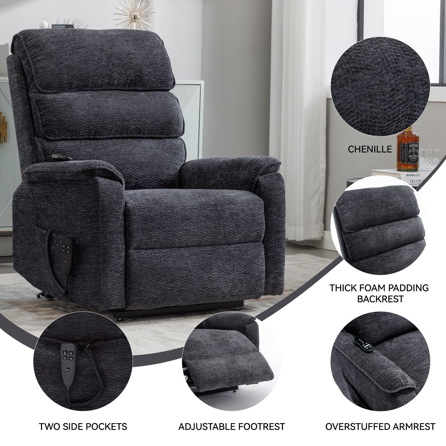 Dual Motor Power Lift Recliner Chair, with Heat & Massage, 350lbs Capacity, Infinite Position, Power-Remote, Side Pockets