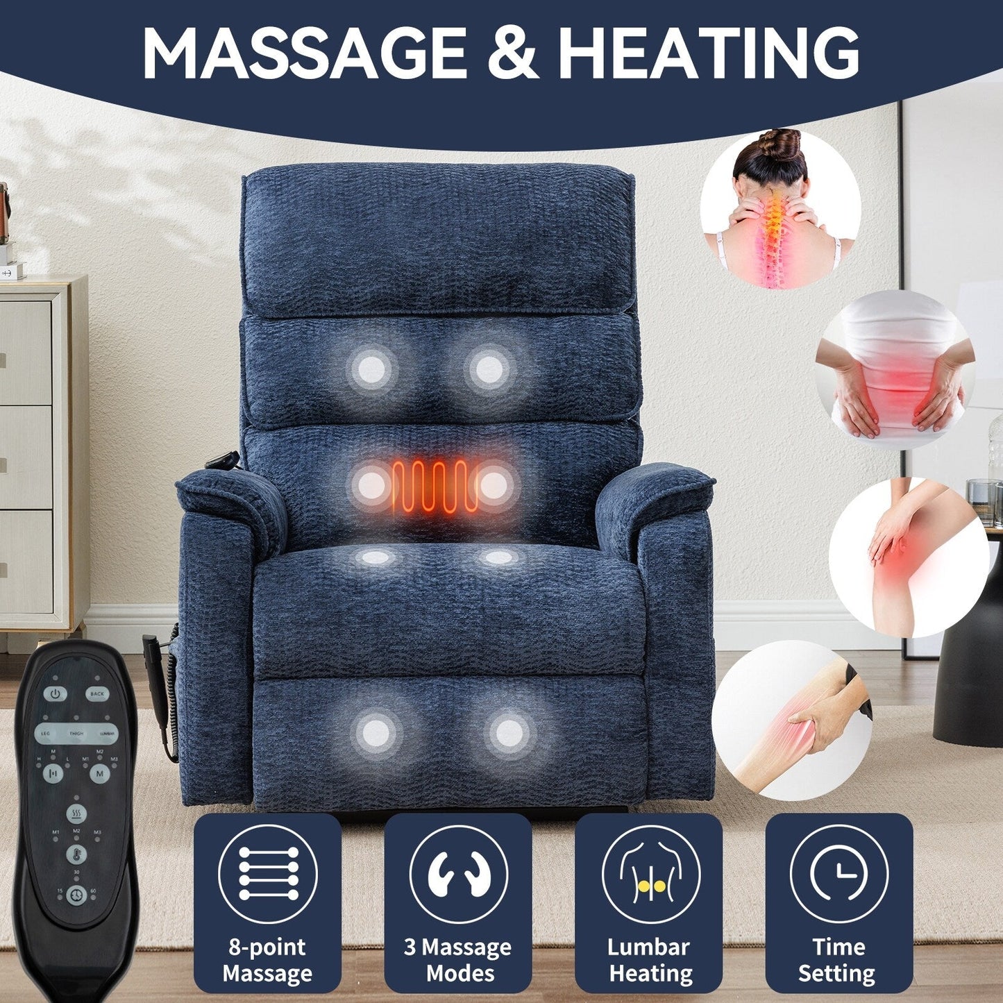 Dual Motor Power Lift Recliner Chair, with Heat & Massage, 350lbs Capacity, Infinite Position, Power-Remote, Side Pockets