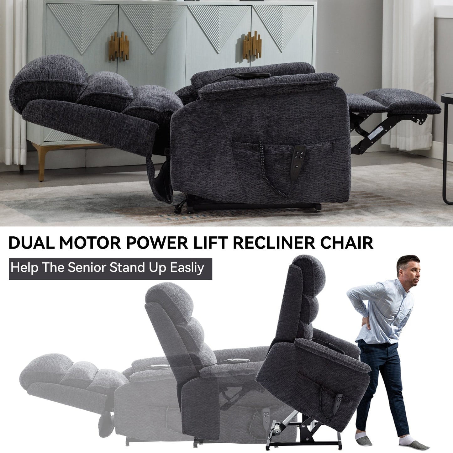 Dual Motor Power Lift Recliner Chair, with Heat & Massage, 350lbs Capacity, Infinite Position, Power-Remote, Side Pockets