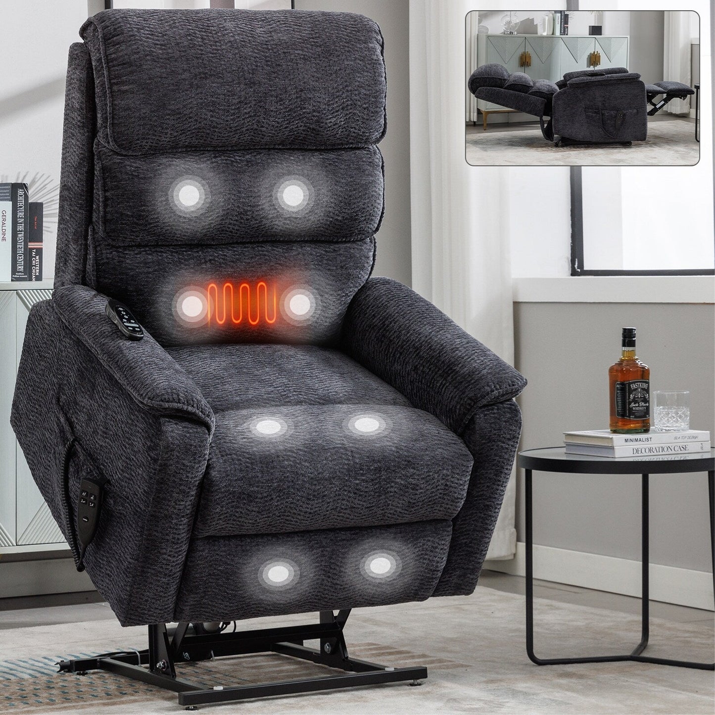 Dual Motor Power Lift Recliner Chair, with Heat & Massage, 350lbs Capacity, Infinite Position, Power-Remote, Side Pockets