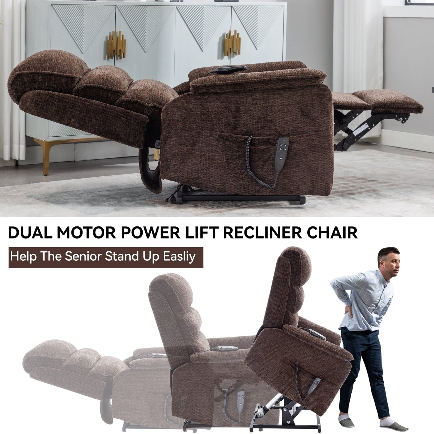 Dual Motor Power Lift Recliner Chair, with Heat & Massage, 350lbs Capacity, Infinite Position, Power-Remote, Side Pockets