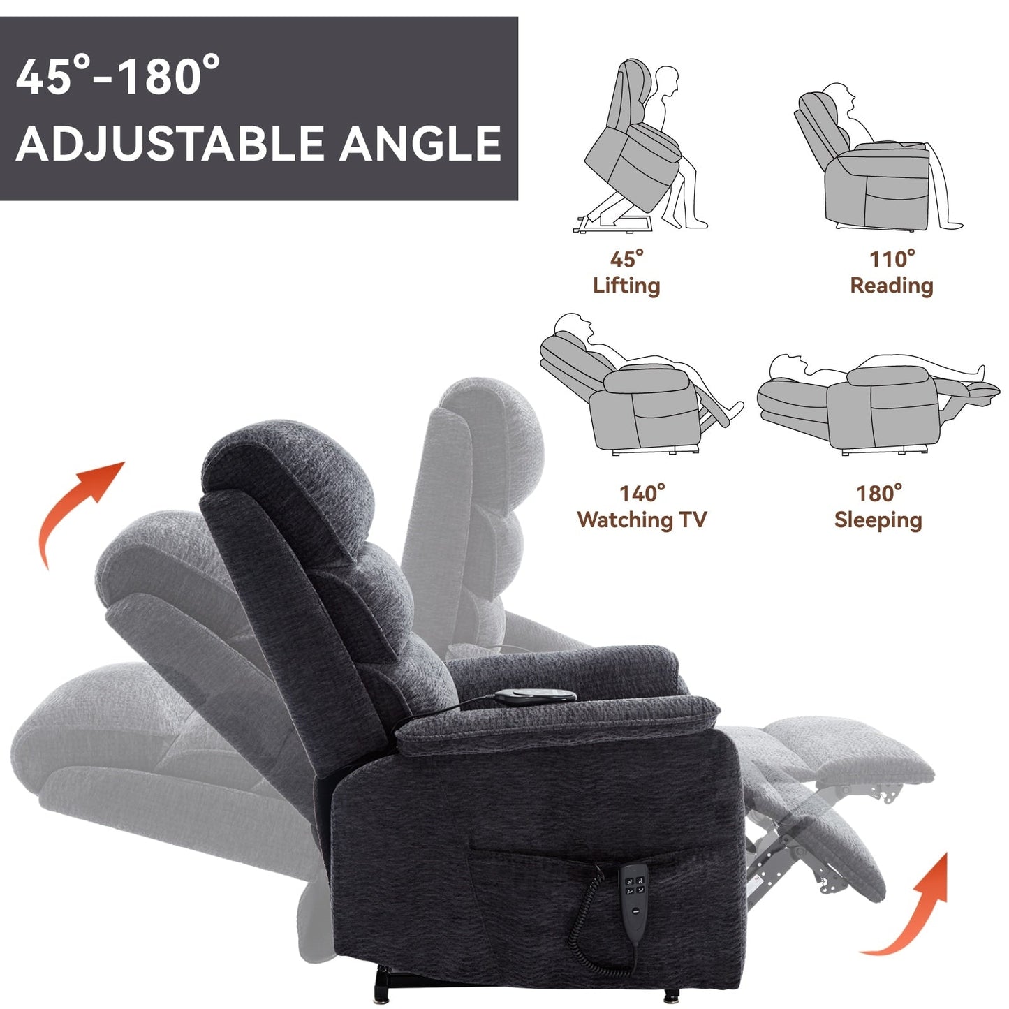 Dual Motor Power Lift Recliner Chair, with Heat & Massage, 350lbs Capacity, Infinite Position, Power-Remote, Side Pockets