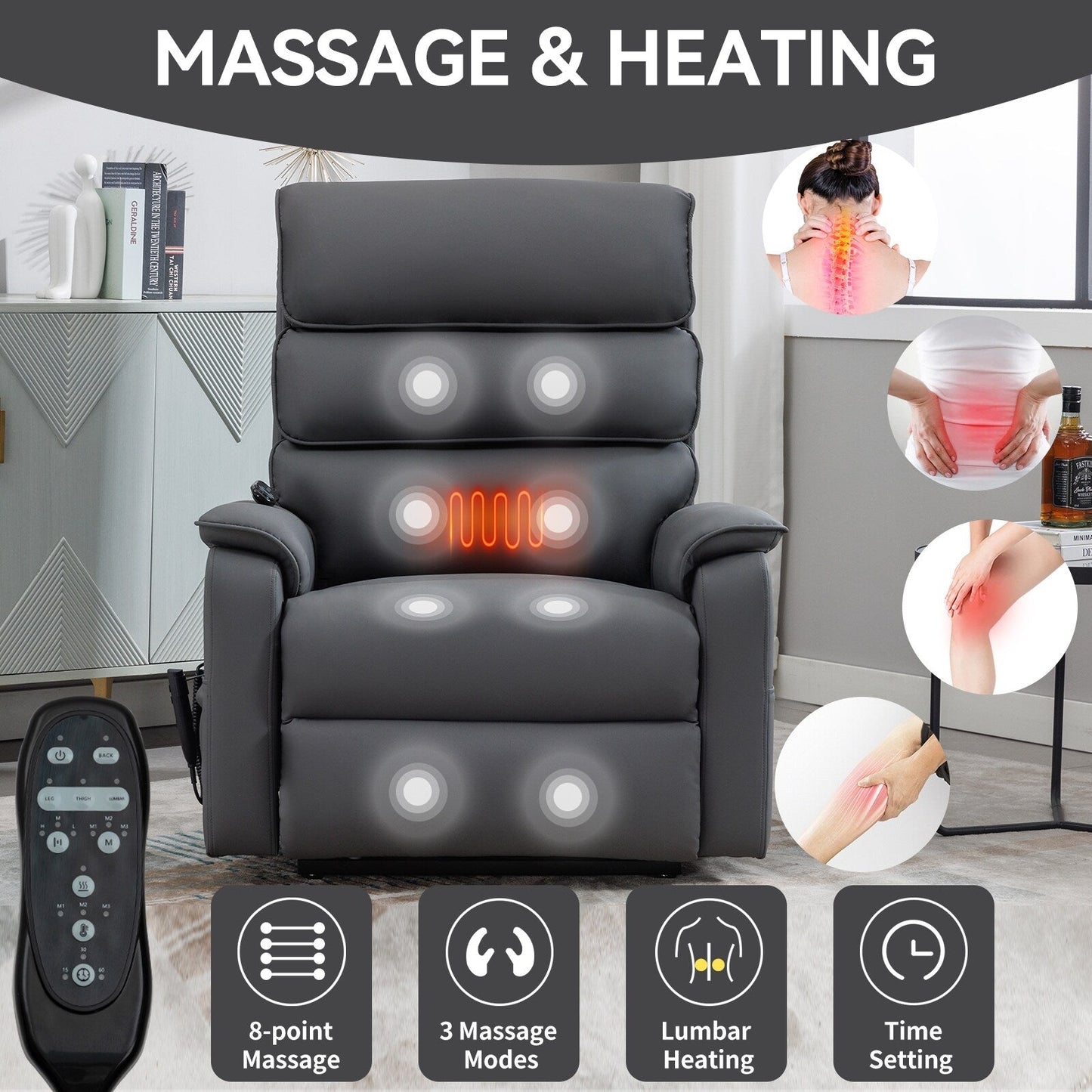 Dual Motor Power Lift Recliner Chair, with Heat & Massage, 350lbs Capacity, Infinite Position, Power-Remote, Side Pockets