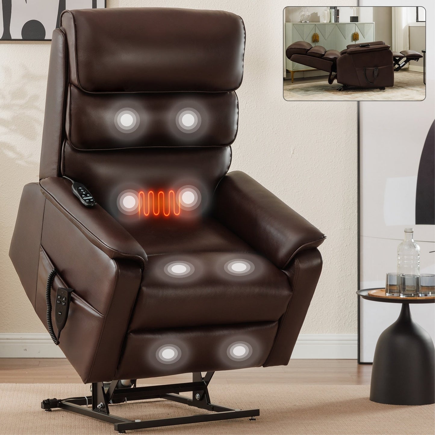 Dual Motor Power Lift Recliner Chair, with Heat & Massage, 350lbs Capacity, Infinite Position, Power-Remote, Side Pockets
