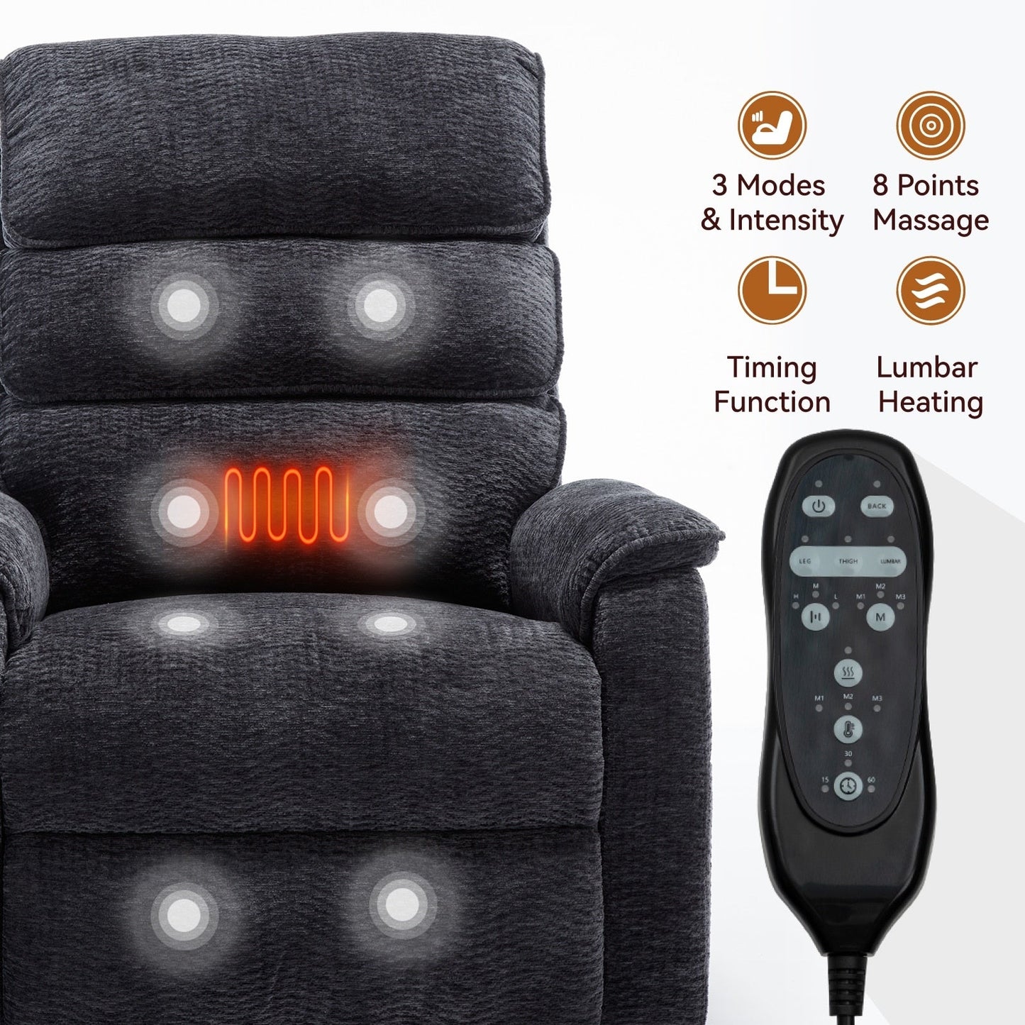 Dual Motor Power Lift Recliner Chair, with Heat & Massage, 350lbs Capacity, Infinite Position, Power-Remote, Side Pockets