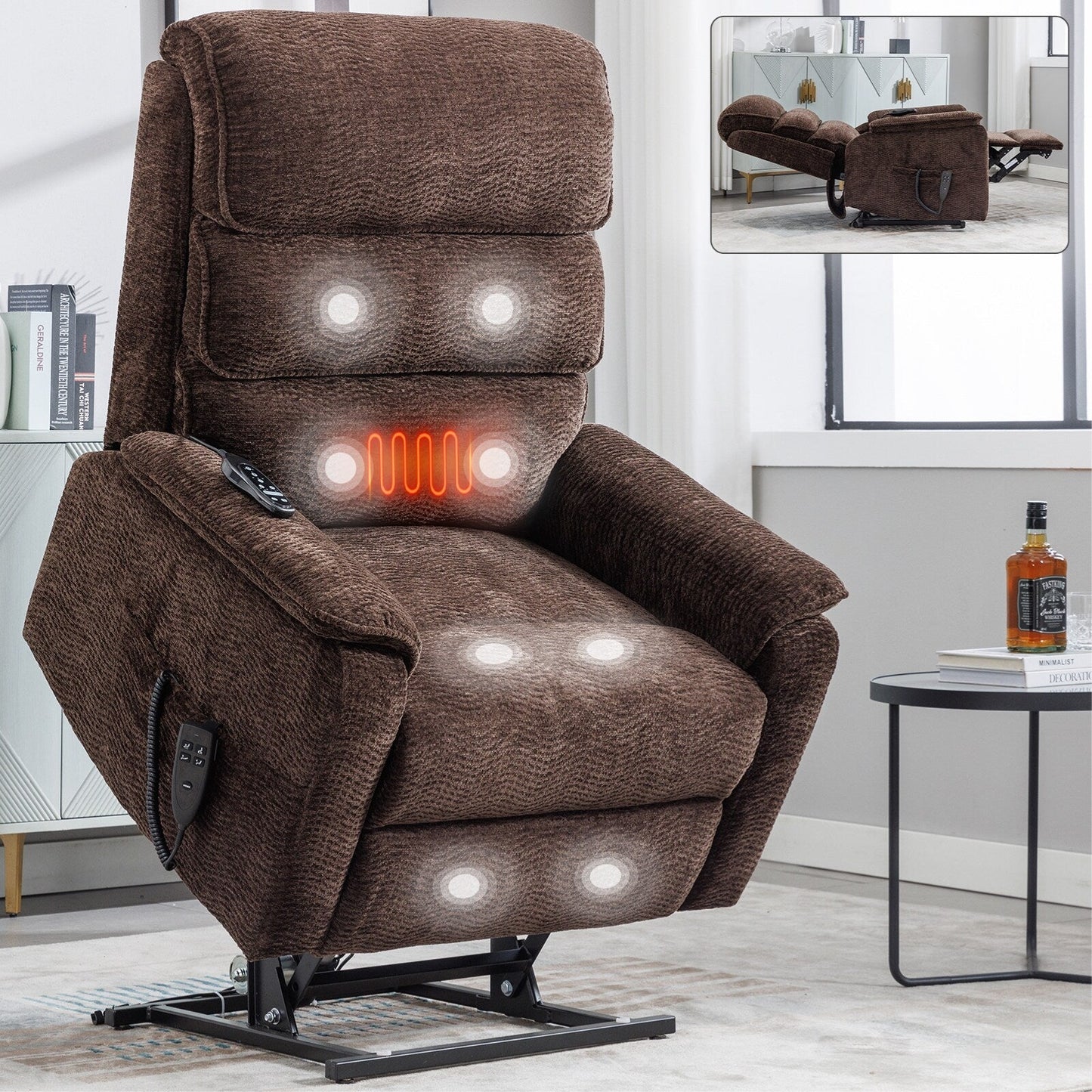 Dual Motor Power Lift Recliner Chair, with Heat & Massage, 350lbs Capacity, Infinite Position, Power-Remote, Side Pockets