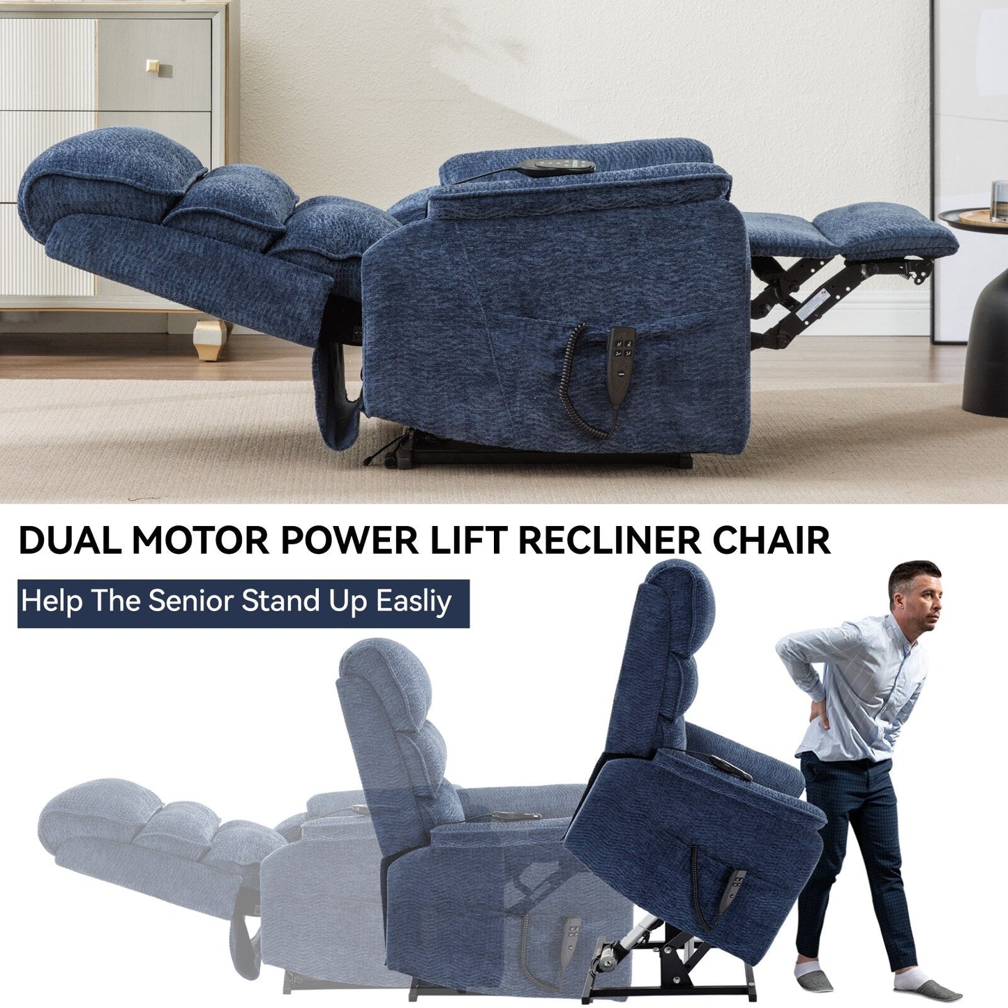 Dual Motor Power Lift Recliner Chair, with Heat & Massage, 350lbs Capacity, Infinite Position, Power-Remote, Side Pockets