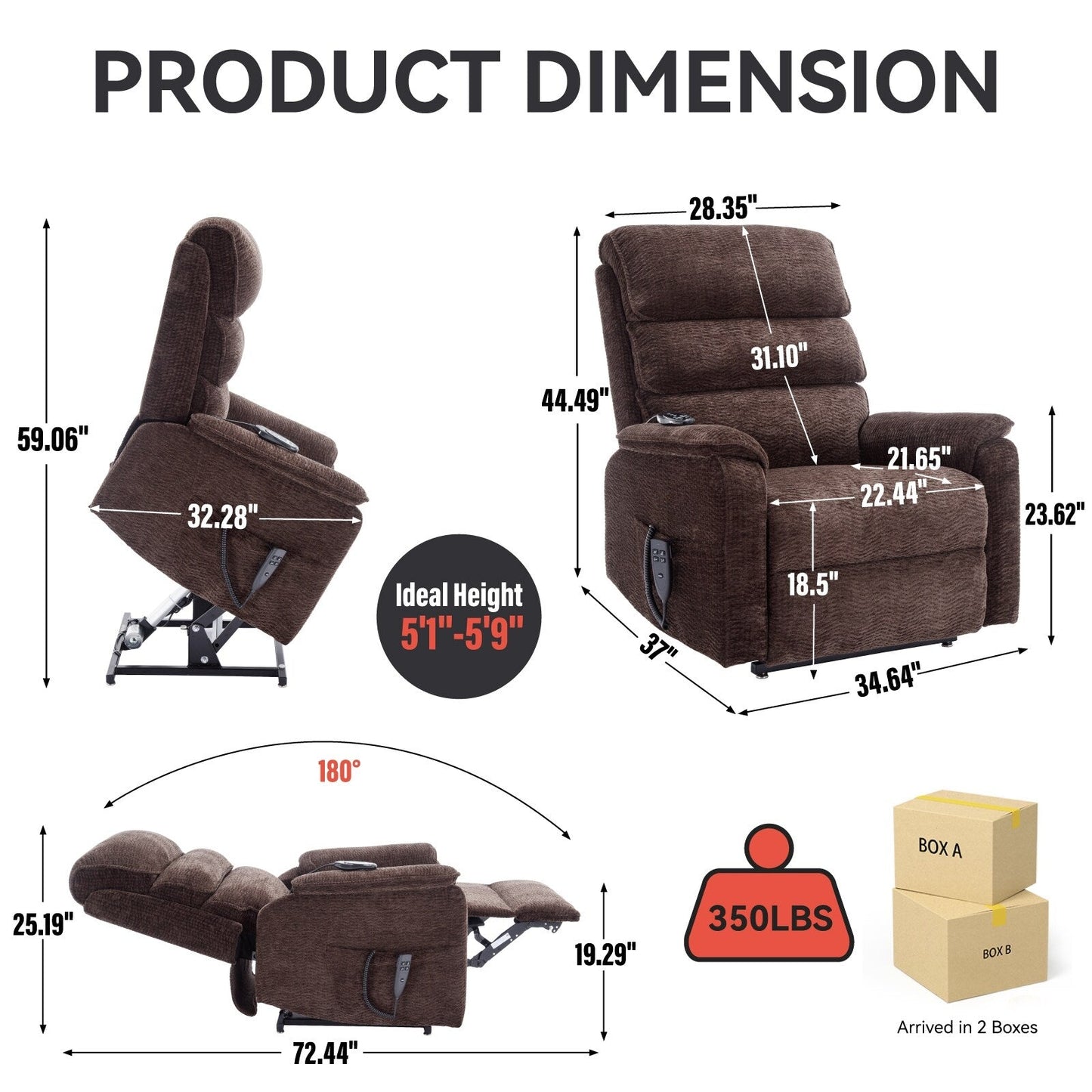 Dual Motor Power Lift Recliner Chair, with Heat & Massage, 350lbs Capacity, Infinite Position, Power-Remote, Side Pockets