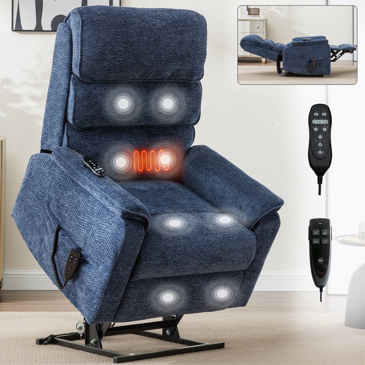 Dual Motor Power Lift Recliner Chair, with Heat & Massage, 350lbs Capacity, Infinite Position, Power-Remote, Side Pockets