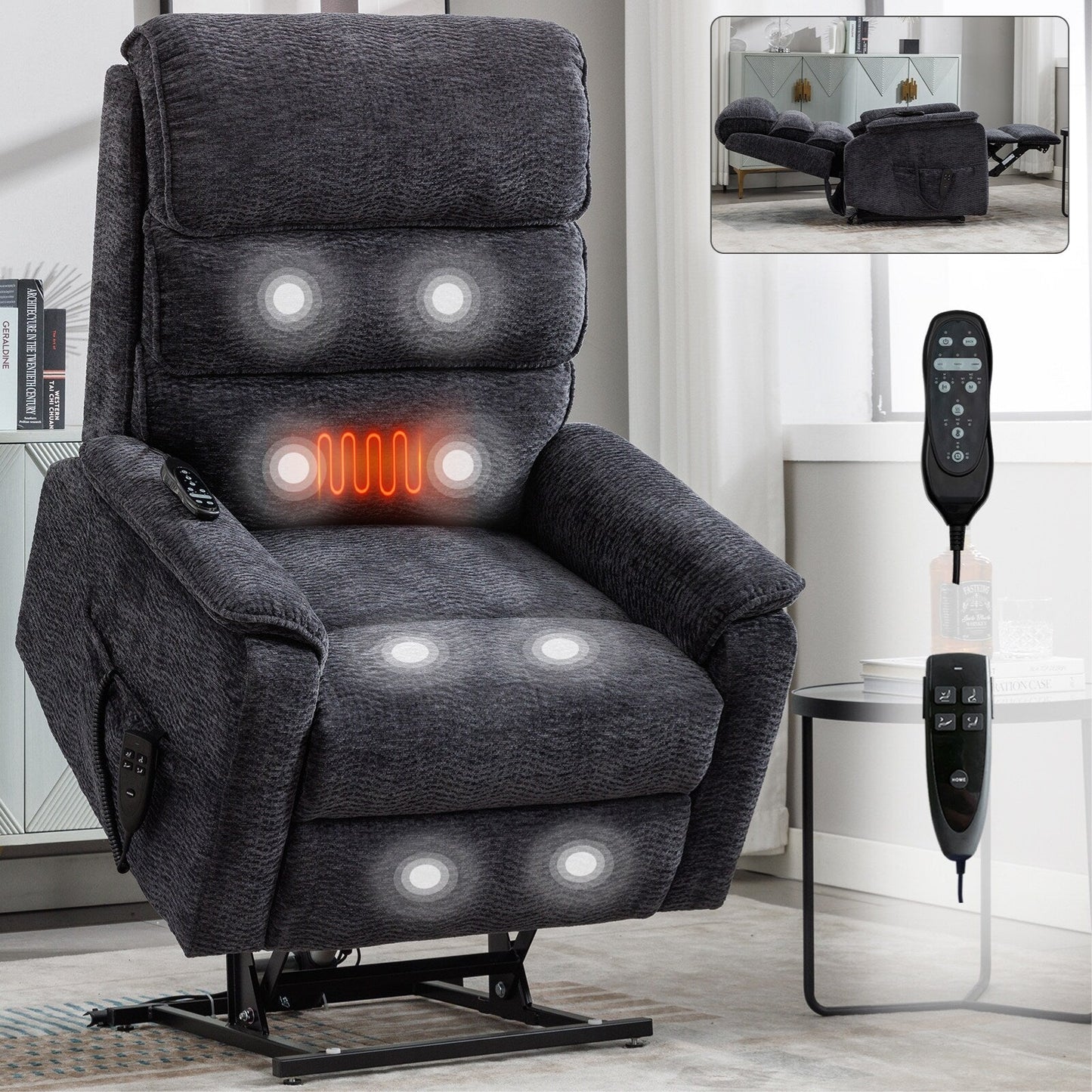Dual Motor Power Lift Recliner Chair, with Heat & Massage, 350lbs Capacity, Infinite Position, Power-Remote, Side Pockets