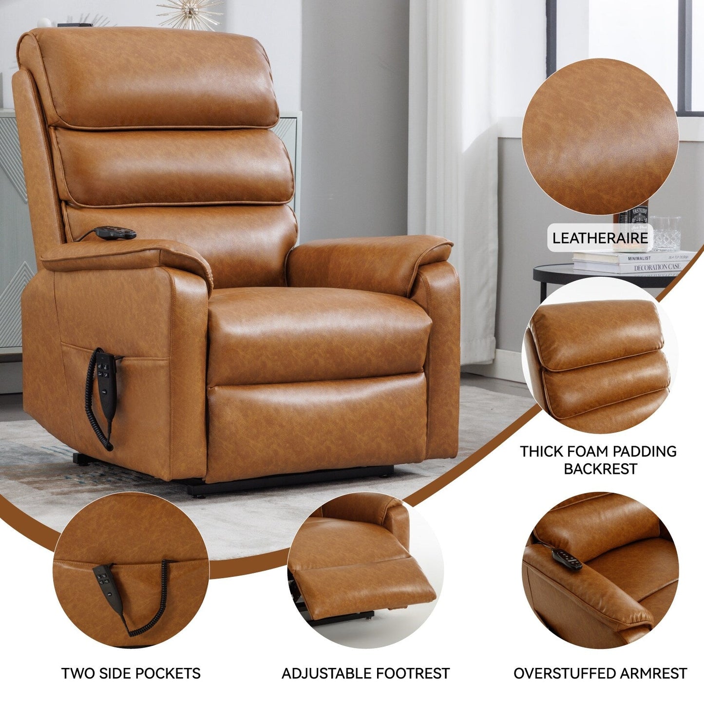 Dual Motor Power Lift Recliner Chair, with Heat & Massage, 350lbs Capacity, Infinite Position, Power-Remote, Side Pockets