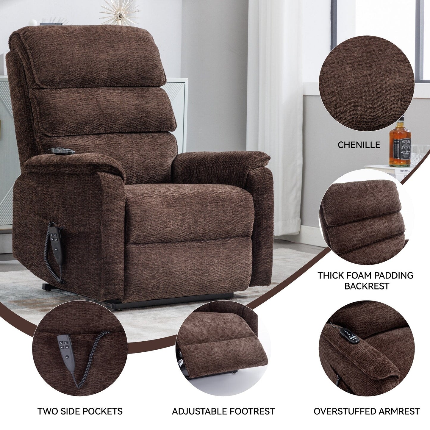 Dual Motor Power Lift Recliner Chair, with Heat & Massage, 350lbs Capacity, Infinite Position, Power-Remote, Side Pockets