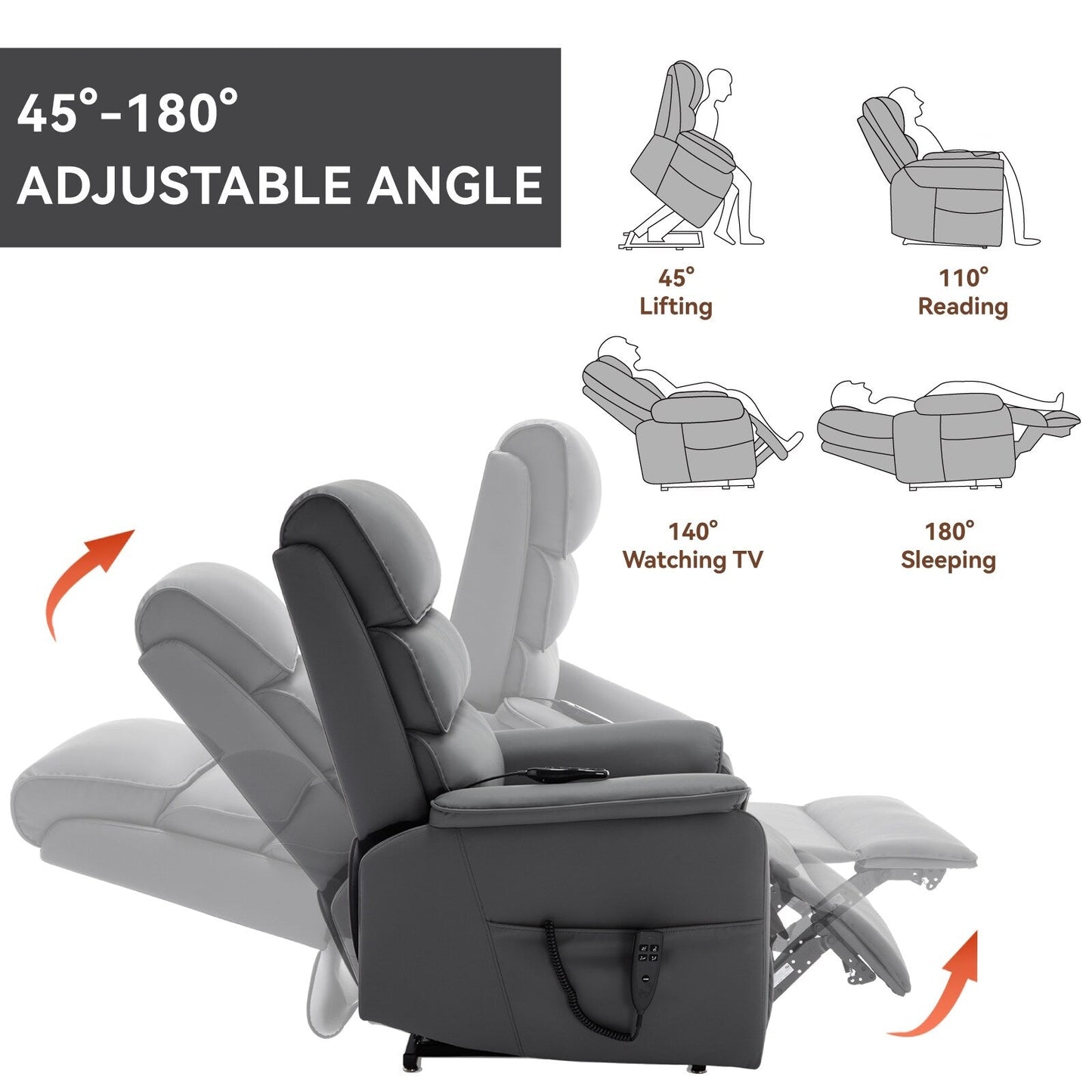 Dual Motor Power Lift Recliner Chair, with Heat & Massage, 350lbs Capacity, Infinite Position, Power-Remote, Side Pockets