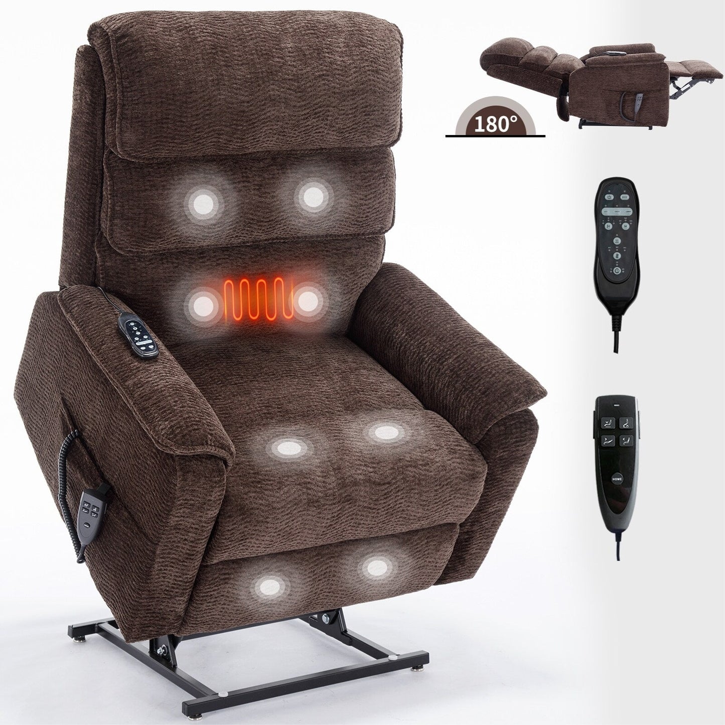 Dual Motor Power Lift Recliner Chair, with Heat & Massage, 350lbs Capacity, Infinite Position, Power-Remote, Side Pockets