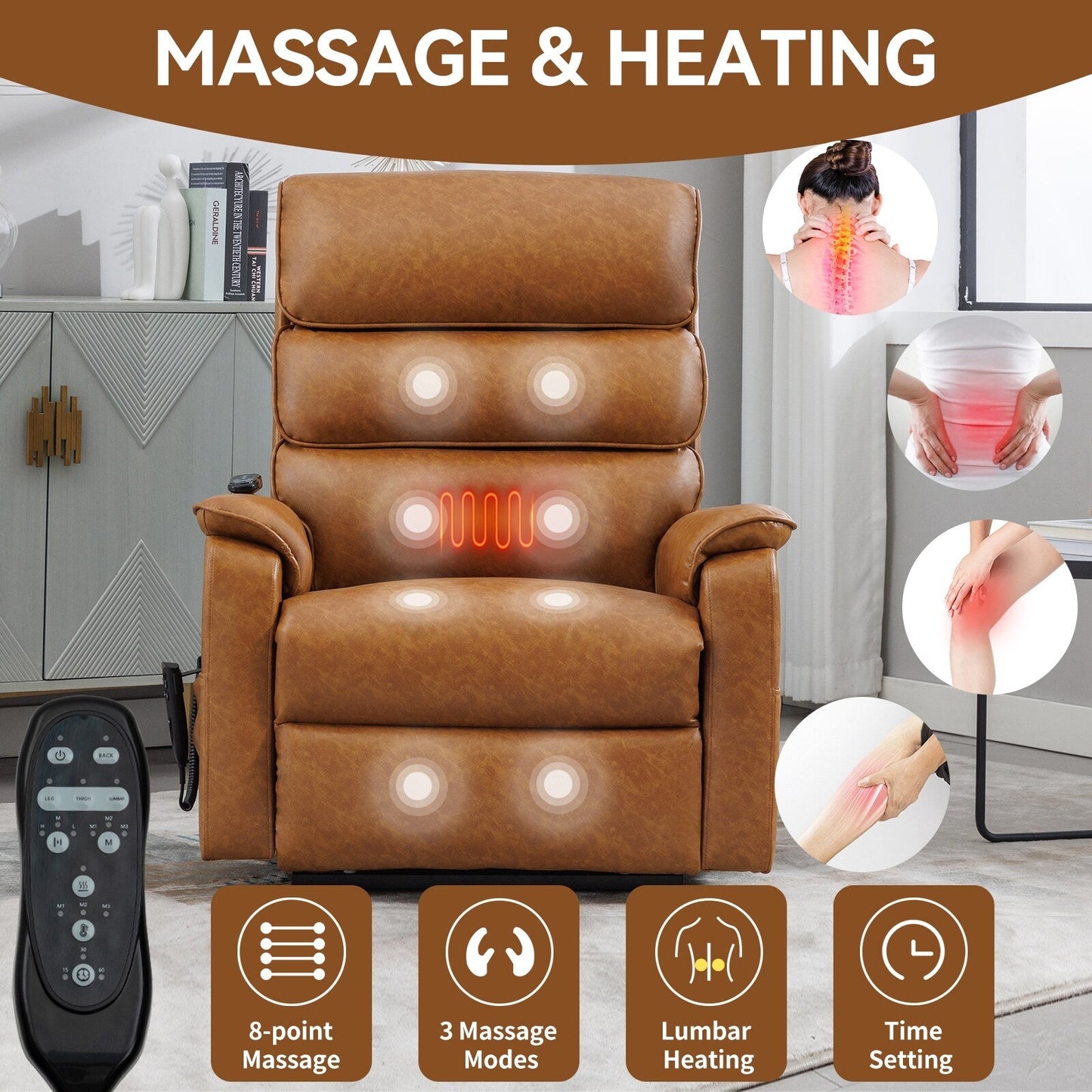 Dual Motor Power Lift Recliner Chair, with Heat & Massage, 350lbs Capacity, Infinite Position, Power-Remote, Side Pockets