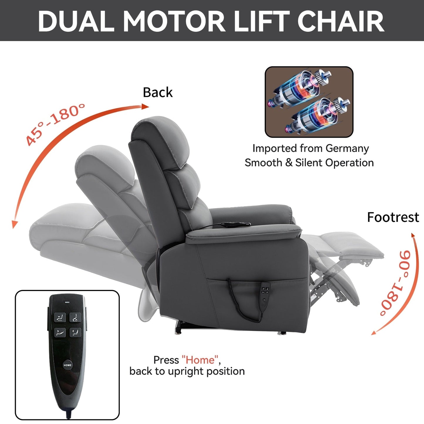 Dual Motor Power Lift Recliner Chair, with Heat & Massage, 350lbs Capacity, Infinite Position, Power-Remote, Side Pockets