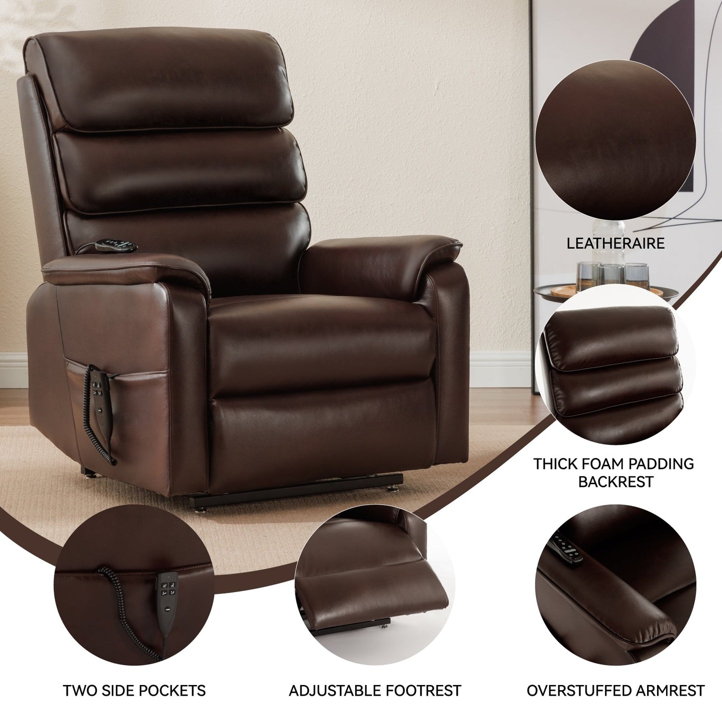 Dual Motor Power Lift Recliner Chair, with Heat & Massage, 350lbs Capacity, Infinite Position, Power-Remote, Side Pockets