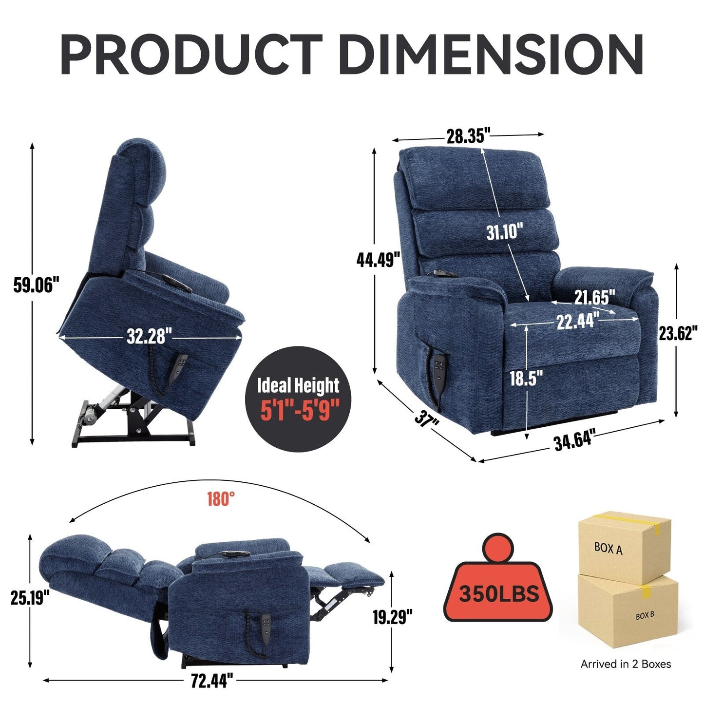 Dual Motor Power Lift Recliner Chair, with Heat & Massage, 350lbs Capacity, Infinite Position, Power-Remote, Side Pockets