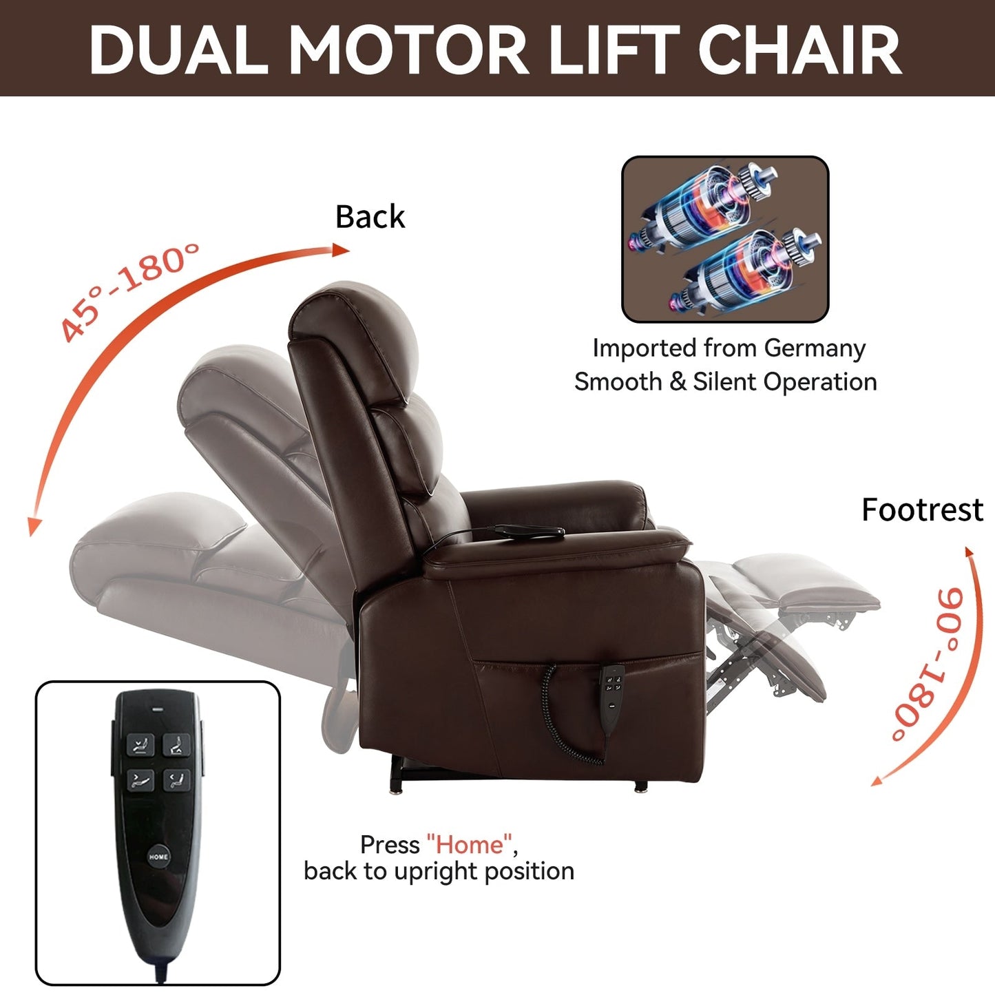 Dual Motor Power Lift Recliner Chair, with Heat & Massage, 350lbs Capacity, Infinite Position, Power-Remote, Side Pockets