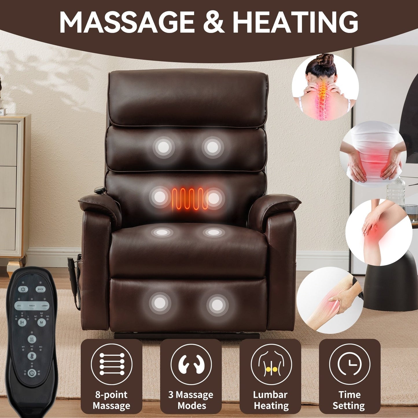 Dual Motor Power Lift Recliner Chair, with Heat & Massage, 350lbs Capacity, Infinite Position, Power-Remote, Side Pockets