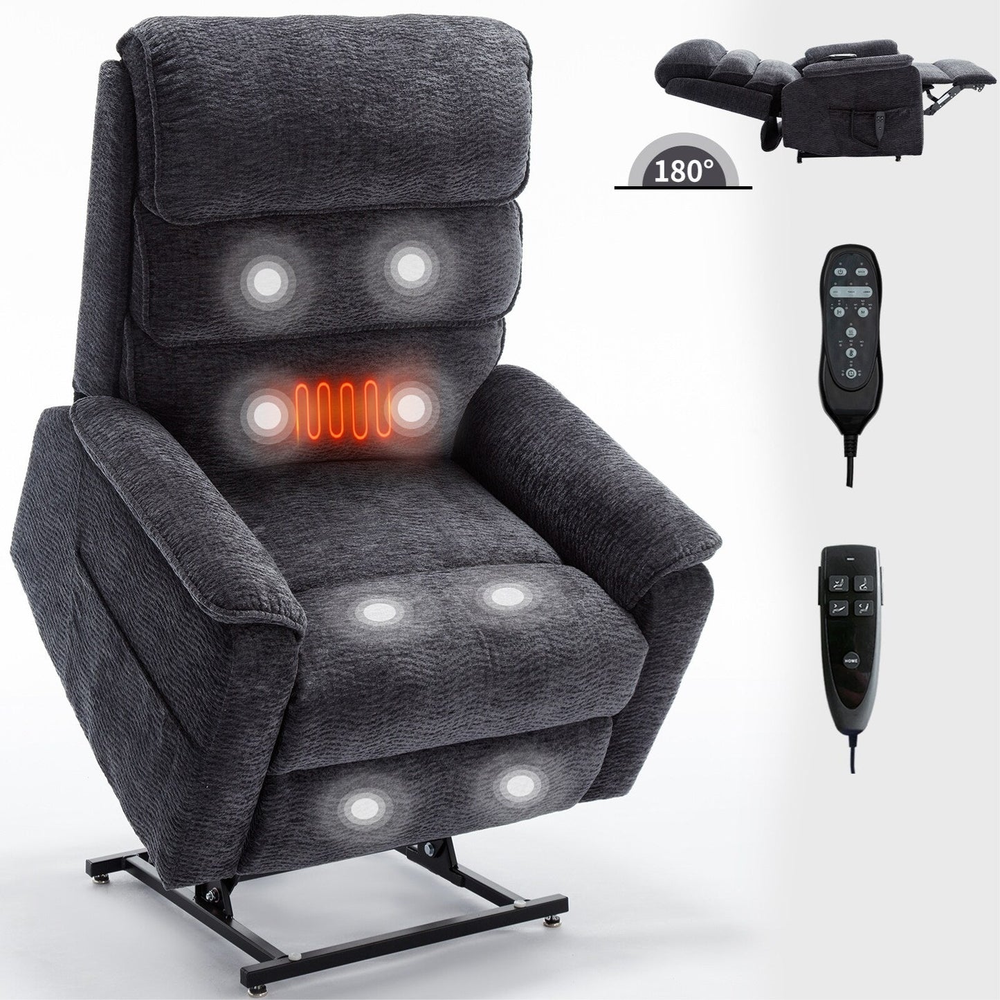 Dual Motor Power Lift Recliner Chair, with Heat & Massage, 350lbs Capacity, Infinite Position, Power-Remote, Side Pockets