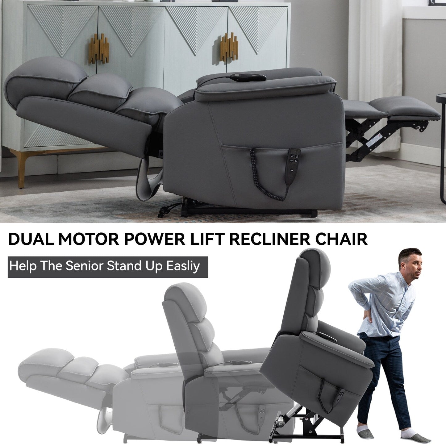 Dual Motor Power Lift Recliner Chair, with Heat & Massage, 350lbs Capacity, Infinite Position, Power-Remote, Side Pockets